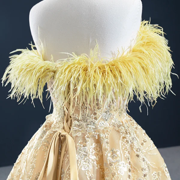 High-end Champagne Evening Dresses  2020 A-Line / Princess Strapless Sleeveless Feather Appliques Lace Sequins Floor-Length / Long Backless Formal Dresses