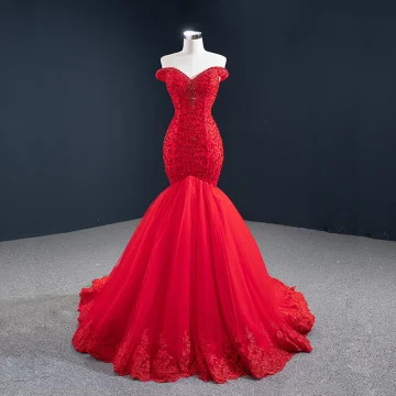 Luxus Herrlich Rot Abendkleider 2020 Meerjungfrau Off Shoulder Kurze Ärmel Perlenstickerei Sweep Pinsel Zug Rüschen Rückenfreies Festliche Kleider