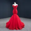Luxury / Gorgeous Red Evening Dresses  2020 Trumpet / Mermaid Off-The-Shoulder Short Sleeve Beading Sweep Train Ruffle Backless Formal Dresses