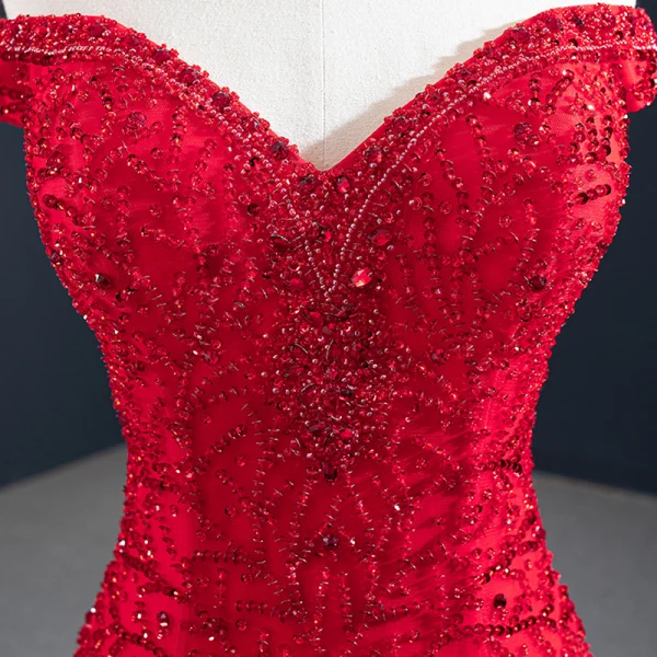 Luxus / Herrlich Rot Abendkleider 2020 Meerjungfrau Off Shoulder Kurze Ärmel Perlenstickerei Sweep / Pinsel Zug Rüschen Rückenfreies Festliche Kleider
