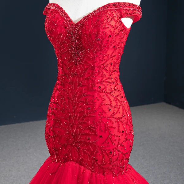 Luxus / Herrlich Rot Abendkleider 2020 Meerjungfrau Off Shoulder Kurze Ärmel Perlenstickerei Sweep / Pinsel Zug Rüschen Rückenfreies Festliche Kleider
