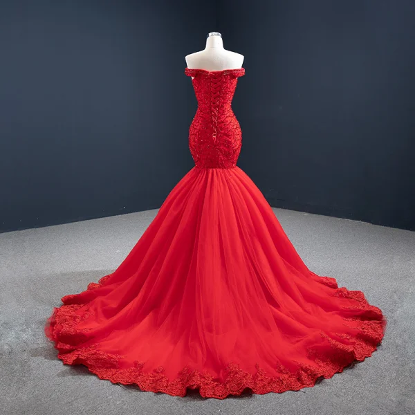Luxus / Herrlich Rot Abendkleider 2020 Meerjungfrau Off Shoulder Kurze Ärmel Perlenstickerei Sweep / Pinsel Zug Rüschen Rückenfreies Festliche Kleider