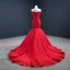 Luxus / Herrlich Rot Abendkleider 2020 Meerjungfrau Off Shoulder Kurze Ärmel Perlenstickerei Sweep / Pinsel Zug Rüschen Rückenfreies Festliche Kleider
