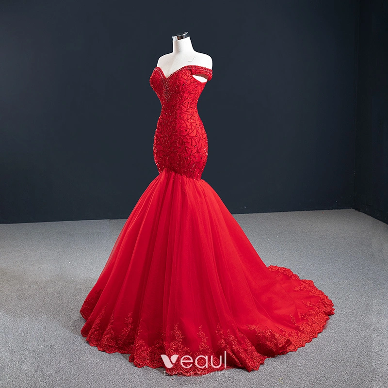 Red mermaid prom on sale dress with ruffle bottom