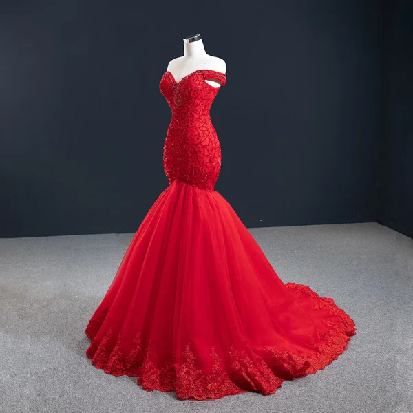 Luxus / Herrlich Rot Abendkleider 2020 Meerjungfrau Off Shoulder Kurze Ärmel Perlenstickerei Sweep / Pinsel Zug Rüschen Rückenfreies Festliche Kleider