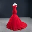 Luxus / Herrlich Rot Abendkleider 2020 Meerjungfrau Off Shoulder Kurze Ärmel Perlenstickerei Sweep / Pinsel Zug Rüschen Rückenfreies Festliche Kleider