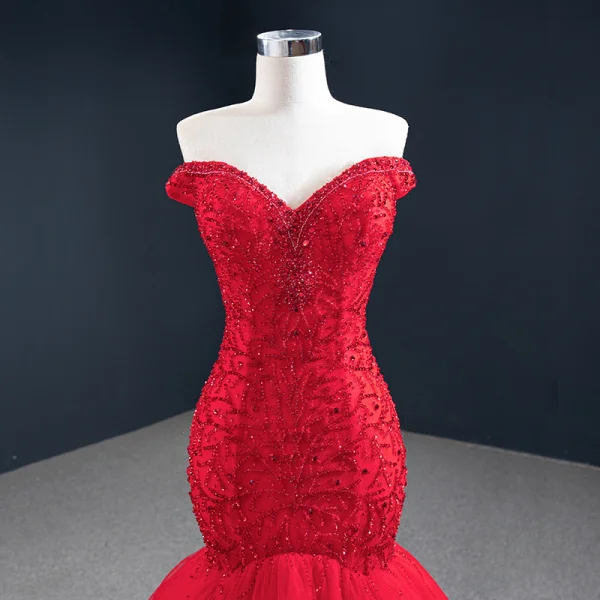 Luxus / Herrlich Rot Abendkleider 2020 Meerjungfrau Off Shoulder Kurze Ärmel Perlenstickerei Sweep / Pinsel Zug Rüschen Rückenfreies Festliche Kleider
