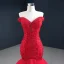 Luxus / Herrlich Rot Abendkleider 2020 Meerjungfrau Off Shoulder Kurze Ärmel Perlenstickerei Sweep / Pinsel Zug Rüschen Rückenfreies Festliche Kleider
