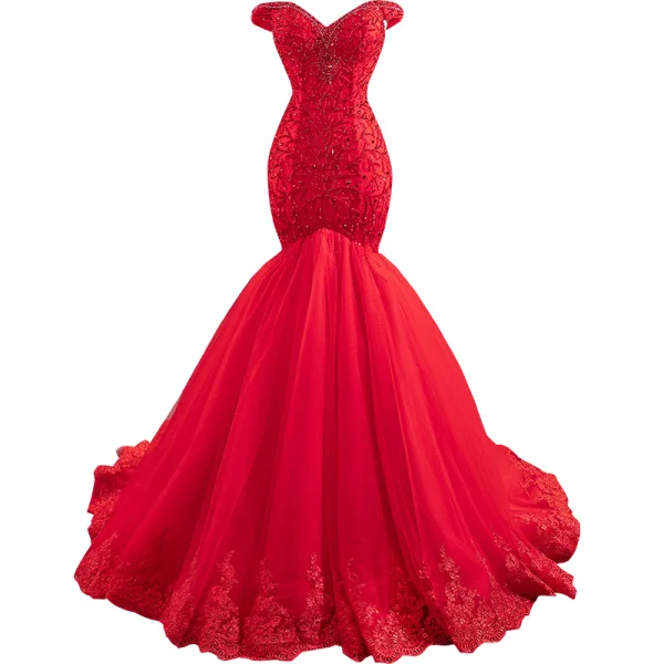 Luxus / Herrlich Rot Abendkleider 2020 Meerjungfrau Off Shoulder Kurze Ärmel Perlenstickerei Sweep / Pinsel Zug Rüschen Rückenfreies Festliche Kleider