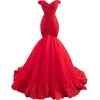 Luxury / Gorgeous Red Evening Dresses  2020 Trumpet / Mermaid Off-The-Shoulder Short Sleeve Beading Sweep Train Ruffle Backless Formal Dresses