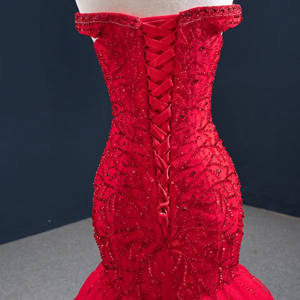 Luxus / Herrlich Rot Abendkleider 2020 Meerjungfrau Off Shoulder Kurze Ärmel Perlenstickerei Sweep / Pinsel Zug Rüschen Rückenfreies Festliche Kleider