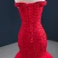 Luxus / Herrlich Rot Abendkleider 2020 Meerjungfrau Off Shoulder Kurze Ärmel Perlenstickerei Sweep / Pinsel Zug Rüschen Rückenfreies Festliche Kleider