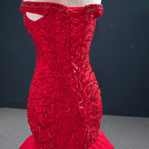 Luxus / Herrlich Rot Abendkleider 2020 Meerjungfrau Off Shoulder Kurze Ärmel Perlenstickerei Sweep / Pinsel Zug Rüschen Rückenfreies Festliche Kleider
