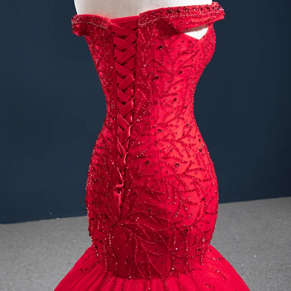 Luxus / Herrlich Rot Abendkleider 2020 Meerjungfrau Off Shoulder Kurze Ärmel Perlenstickerei Sweep / Pinsel Zug Rüschen Rückenfreies Festliche Kleider