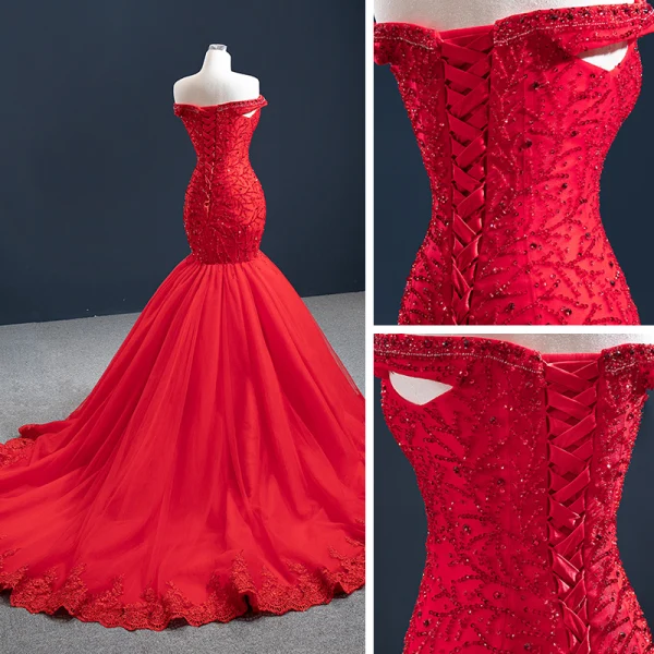 Luxus / Herrlich Rot Abendkleider 2020 Meerjungfrau Off Shoulder Kurze Ärmel Perlenstickerei Sweep / Pinsel Zug Rüschen Rückenfreies Festliche Kleider