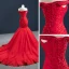 Luxus / Herrlich Rot Abendkleider 2020 Meerjungfrau Off Shoulder Kurze Ärmel Perlenstickerei Sweep / Pinsel Zug Rüschen Rückenfreies Festliche Kleider