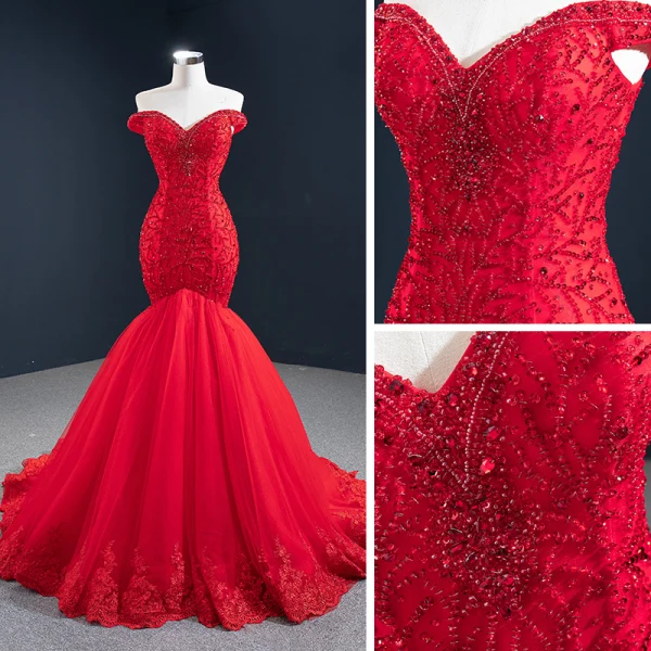 Luxus / Herrlich Rot Abendkleider 2020 Meerjungfrau Off Shoulder Kurze Ärmel Perlenstickerei Sweep / Pinsel Zug Rüschen Rückenfreies Festliche Kleider