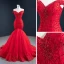 Luxus / Herrlich Rot Abendkleider 2020 Meerjungfrau Off Shoulder Kurze Ärmel Perlenstickerei Sweep / Pinsel Zug Rüschen Rückenfreies Festliche Kleider