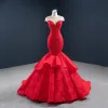 Luksusowe Czerwone Czerwony dywan Sukienki Wieczorowe 2020 Syrena / Rozkloszowane Przezroczyste Wycięciem Bez Rękawów Frezowanie Trenem Sweep Wzburzyć Bez Pleców Sukienki Wizytowe