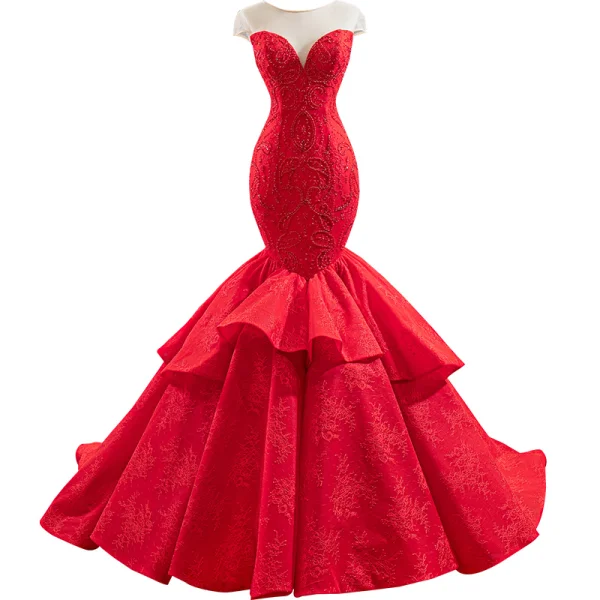 Luxe Rouge Tapis rouge Robe De Soirée 2020 Trompette / Sirène Transparentes Encolure Dégagée Sans Manches Perlage Train De Balayage Volants Dos Nu Robe De Ceremonie
