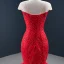 Luxe Rouge Tapis rouge Robe De Soirée 2020 Trompette / Sirène Transparentes Encolure Dégagée Sans Manches Perlage Train De Balayage Volants Dos Nu Robe De Ceremonie