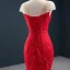 Luxe Rouge Tapis rouge Robe De Soirée 2020 Trompette / Sirène Transparentes Encolure Dégagée Sans Manches Perlage Train De Balayage Volants Dos Nu Robe De Ceremonie