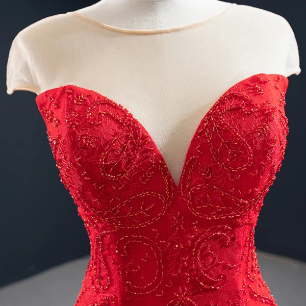 Luxe Rouge Tapis rouge Robe De Soirée 2020 Trompette / Sirène Transparentes Encolure Dégagée Sans Manches Perlage Train De Balayage Volants Dos Nu Robe De Ceremonie