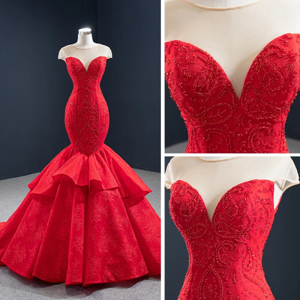 Luxe Rouge Tapis rouge Robe De Soirée 2020 Trompette / Sirène Transparentes Encolure Dégagée Sans Manches Perlage Train De Balayage Volants Dos Nu Robe De Ceremonie