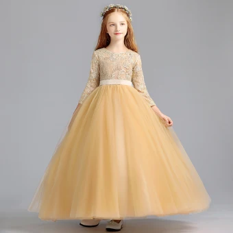 Chic Beautiful Gold Flower Girl Dresses 2020 Ball Gown Scoop Neck 3 4 Sleeve Appliques Lace Sash Floor Length Long Ruffle