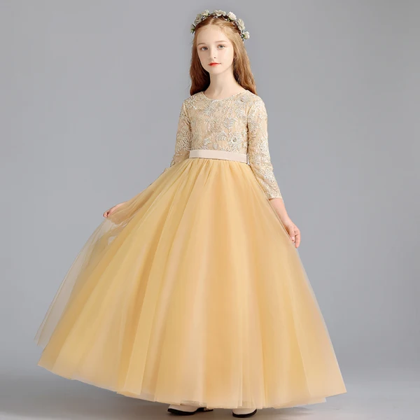 Chic / Beautiful Gold Flower Girl Dresses 2020 Ball Gown Scoop Neck 3/4 Sleeve Appliques Lace Sash Floor-Length / Long Ruffle