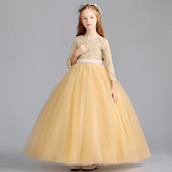 Chic / Beautiful Gold Flower Girl Dresses 2020 Ball Gown Scoop Neck 3/4 Sleeve Appliques Lace Sash Floor-Length / Long Ruffle
