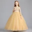 Chic / Beautiful Gold Flower Girl Dresses 2020 Ball Gown Scoop Neck 3/4 Sleeve Appliques Lace Sash Floor-Length / Long Ruffle