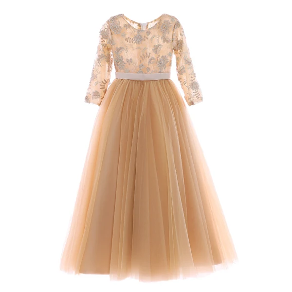 Chic / Beautiful Gold Flower Girl Dresses 2020 Ball Gown Scoop Neck 3/4 Sleeve Appliques Lace Sash Floor-Length / Long Ruffle