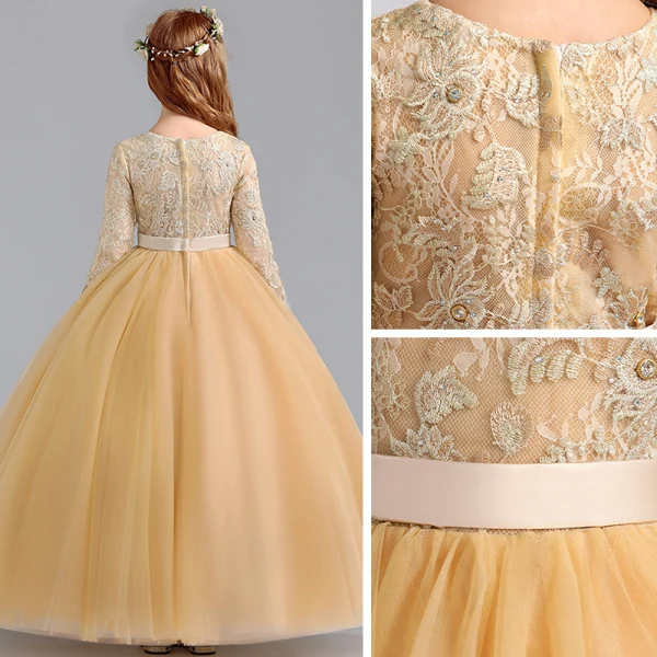 Chic / Beautiful Gold Flower Girl Dresses 2020 Ball Gown Scoop Neck 3/4 Sleeve Appliques Lace Sash Floor-Length / Long Ruffle