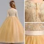 Chic / Beautiful Gold Flower Girl Dresses 2020 Ball Gown Scoop Neck 3/4 Sleeve Appliques Lace Sash Floor-Length / Long Ruffle