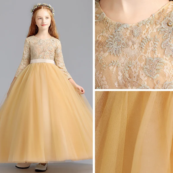 Chic / Beautiful Gold Flower Girl Dresses 2020 Ball Gown Scoop Neck 3/4 Sleeve Appliques Lace Sash Floor-Length / Long Ruffle