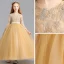 Chic / Beautiful Gold Flower Girl Dresses 2020 Ball Gown Scoop Neck 3/4 Sleeve Appliques Lace Sash Floor-Length / Long Ruffle
