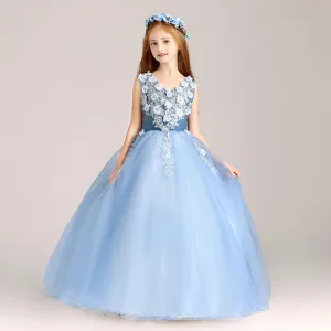 Chic Beautiful Pool Blue Flower Girl Dresses 2020 Ball Gown V Neck Sleeveless Appliques Lace Flower Beading Pearl Floor Length Long Ruffle