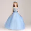 Chic / Beautiful Pool Blue Flower Girl Dresses 2020 Ball Gown V-Neck Sleeveless Appliques Lace Flower Beading Pearl Floor-Length / Long Ruffle