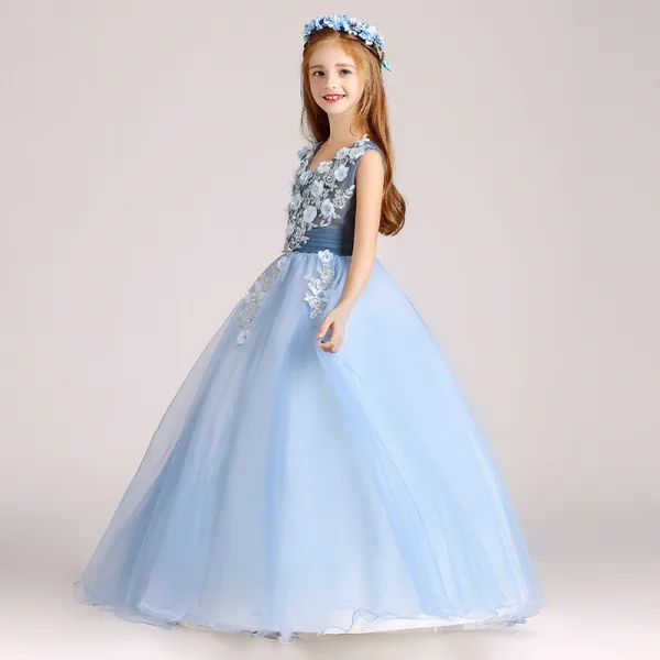 Chic / Beautiful Pool Blue Flower Girl Dresses 2020 Ball Gown V-Neck Sleeveless Appliques Lace Flower Beading Pearl Floor-Length / Long Ruffle