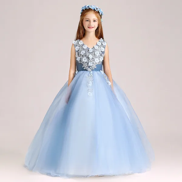 Chic / Beautiful Pool Blue Flower Girl Dresses 2020 Ball Gown V-Neck Sleeveless Appliques Lace Flower Beading Pearl Floor-Length / Long Ruffle