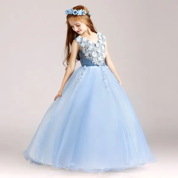 Chic / Beautiful Pool Blue Flower Girl Dresses 2020 Ball Gown V-Neck Sleeveless Appliques Lace Flower Beading Pearl Floor-Length / Long Ruffle