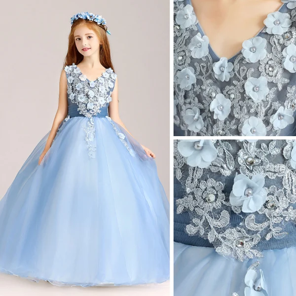 Chic / Beautiful Pool Blue Flower Girl Dresses 2020 Ball Gown V-Neck Sleeveless Appliques Lace Flower Beading Pearl Floor-Length / Long Ruffle