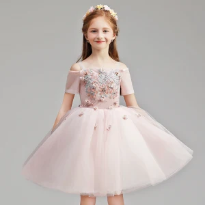 Chic Beautiful Blushing Pink Birthday Flower Girl Dresses 2020 Ball Gown Off The Shoulder Short Sleeve Backless Appliques Lace Flower Beading Short Ruffle