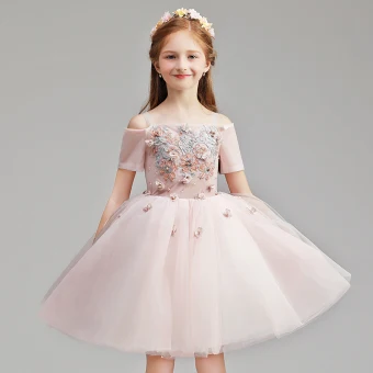Chic Beautiful Blushing Pink Birthday Flower Girl Dresses 2020 Ball Gown Off The Shoulder Short Sleeve Backless Appliques Lace Flower Beading Short Ruffle