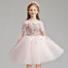Chic / Beautiful Blushing Pink Birthday Flower Girl Dresses 2020 Ball Gown Off-The-Shoulder Short Sleeve Backless Appliques Lace Flower Beading Short Ruffle