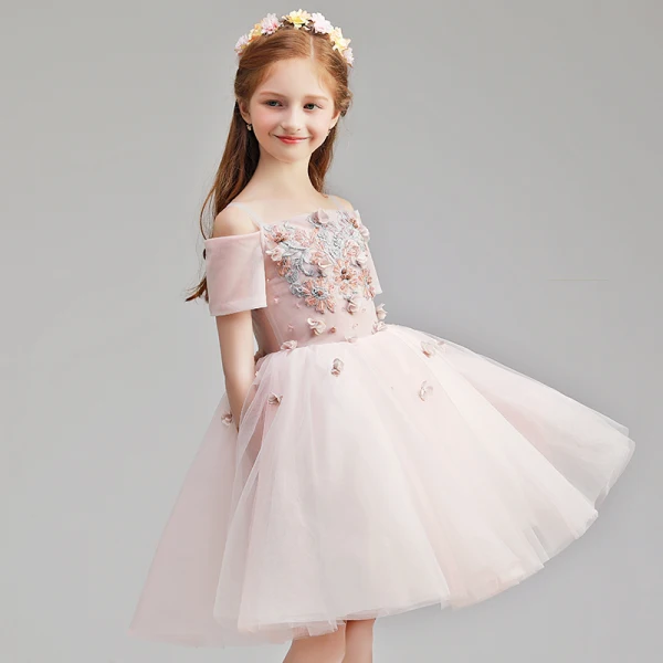 Chic / Belle Rougissant Rose Anniversaire Robe Ceremonie Fille 2020 Robe Boule De l'épaule Manches Courtes Dos Nu Appliques En Dentelle Fleur Perlage Courte Volants
