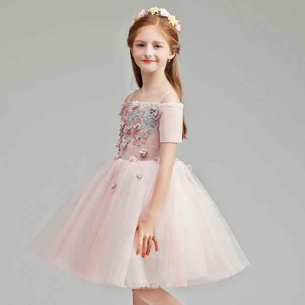 Chic / Belle Rougissant Rose Anniversaire Robe Ceremonie Fille 2020 Robe Boule De l'épaule Manches Courtes Dos Nu Appliques En Dentelle Fleur Perlage Courte Volants