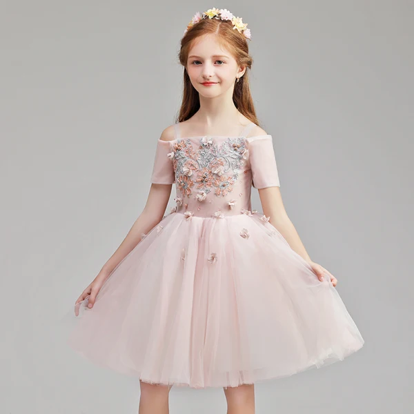 Chic / Belle Rougissant Rose Anniversaire Robe Ceremonie Fille 2020 Robe Boule De l'épaule Manches Courtes Dos Nu Appliques En Dentelle Fleur Perlage Courte Volants