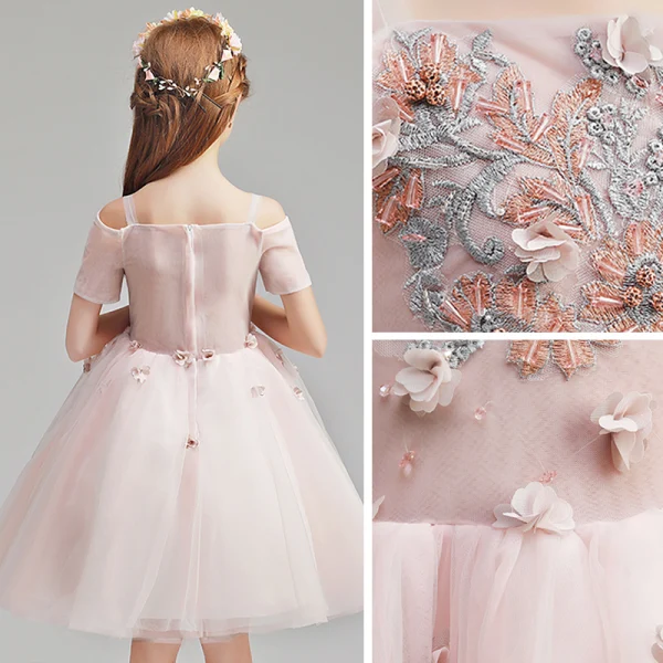 Chic / Belle Rougissant Rose Anniversaire Robe Ceremonie Fille 2020 Robe Boule De l'épaule Manches Courtes Dos Nu Appliques En Dentelle Fleur Perlage Courte Volants